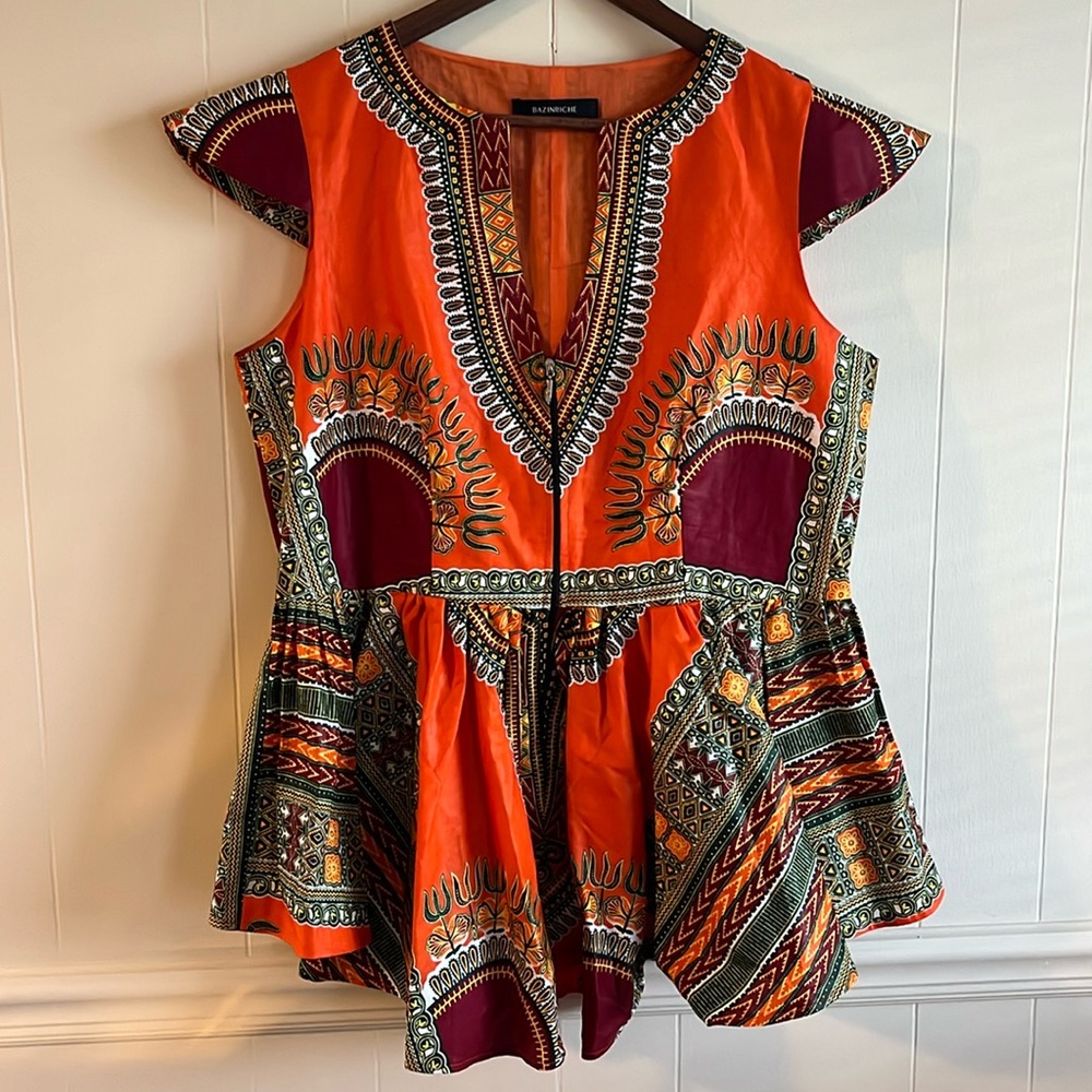 Bazin Riche Top V Neck w Zipper, flared bottom, double layer mat high quality